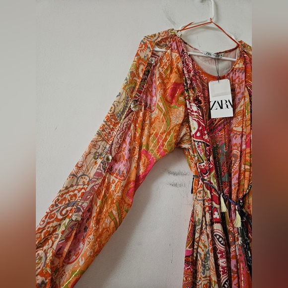 NWT Zara Short Printed Dress Belted Multicolored Orange Size XL 7521/049 - Picture 6 of 15